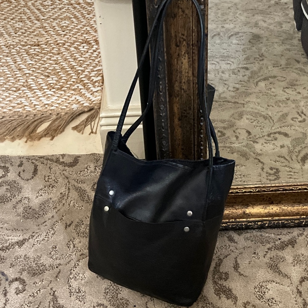 Classic Black Leather Tote Bag with Rivet Detail